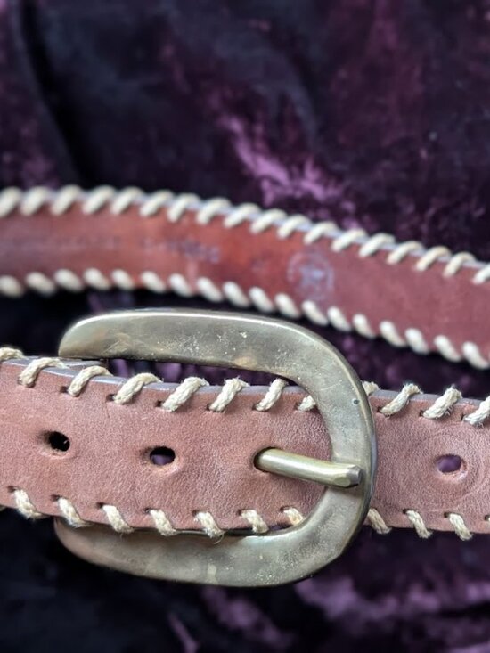 Vintage Brass and Leather Belt with Rope Edge - handsome & thick - 32\